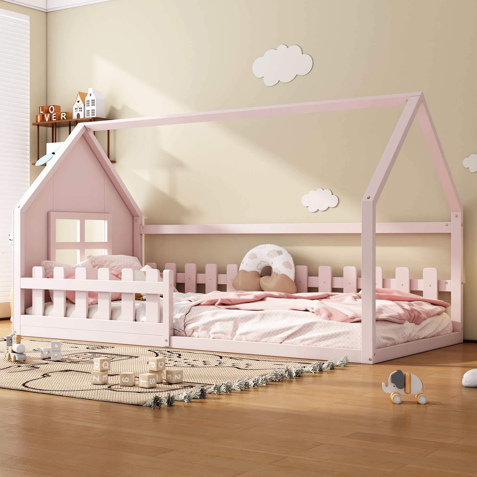 90*200cm Flachbett, Kinderbett, Hausleiste, Rosa