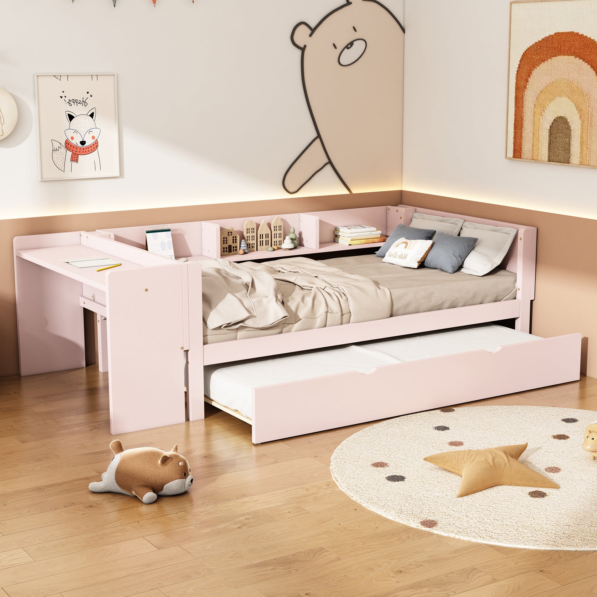 90*200cm, Flachbett, mit ausziehbarem Bett, mit Schreibtisch, drei Regale an der Seite des Bettes, Rosa