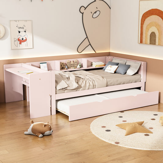 90*200cm, Flachbett, mit ausziehbarem Bett, mit Schreibtisch, drei Regale an der Seite des Bettes, Rosa