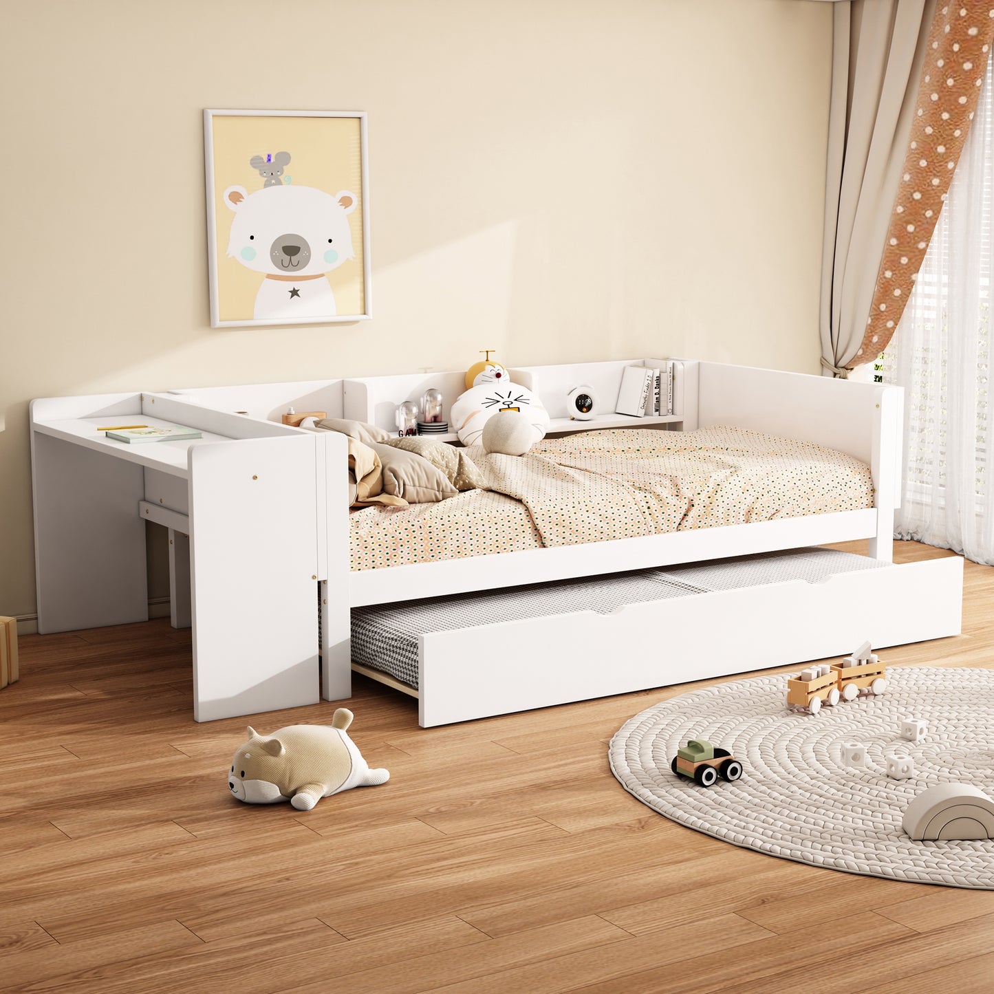 90*200cm, Flachbett, mit ausziehbarem Bett, mit Schreibtisch, drei Regale an der Seite des Bettes,  Weiß