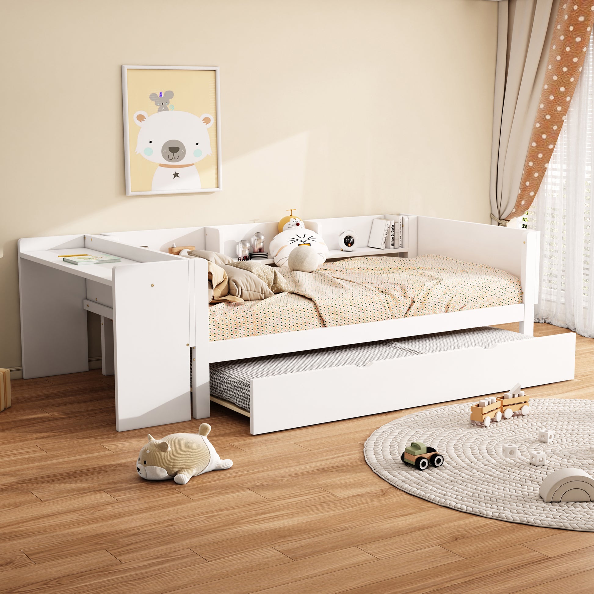 90*200cm, Flachbett, mit ausziehbarem Bett, mit Schreibtisch, drei Regale an der Seite des Bettes,  Weiß