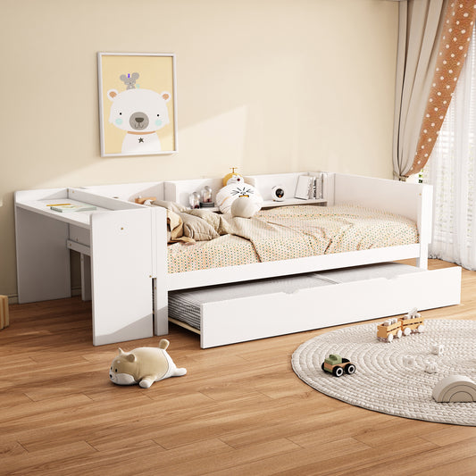 90*200cm, Flachbett, mit ausziehbarem Bett, mit Schreibtisch, drei Regale an der Seite des Bettes,  Weiß