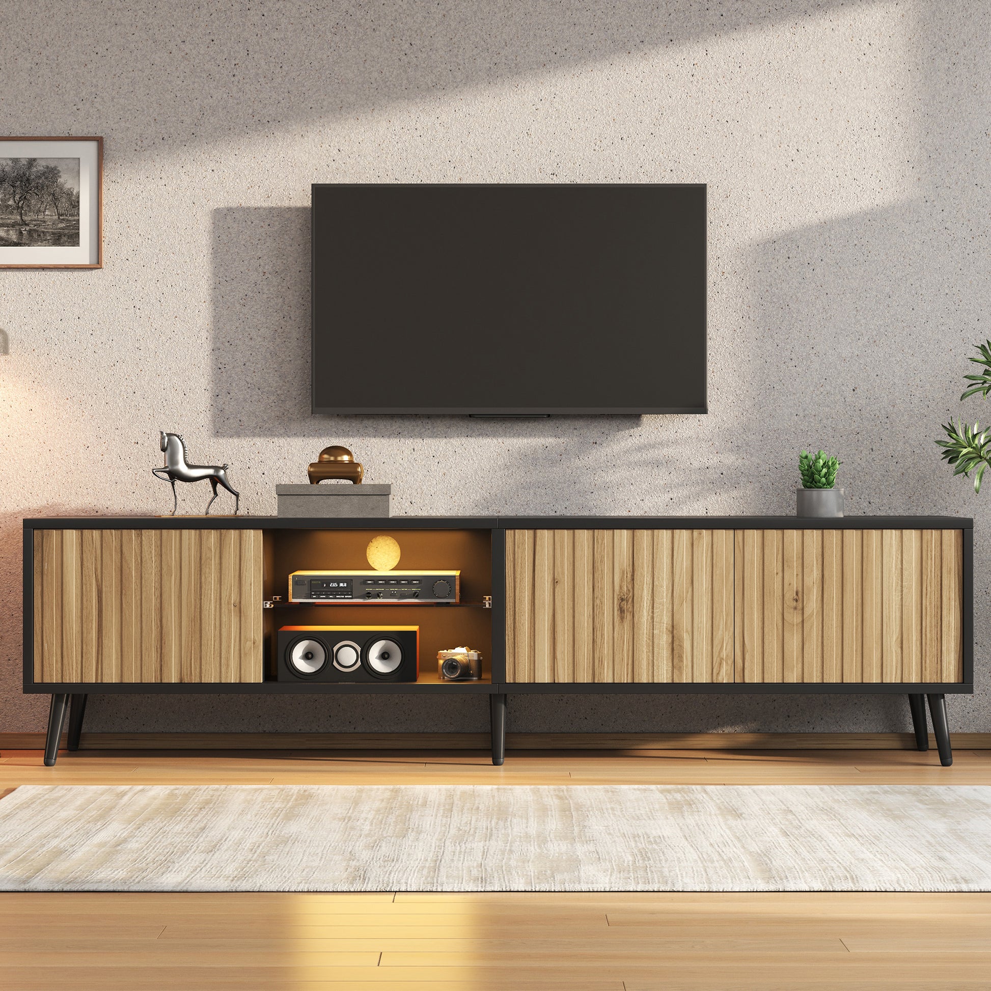 175 x 31 x 43,5 cm großer LED-TV-Schrank für das Wohnzimmer, Naturholzfarbe + Schwarz, lowboard mit 6 Stützbeinen, Schrank aus gehärtetem Glas, 3 Schränke für viel Stauraum,Geeignet für 75-Zoll