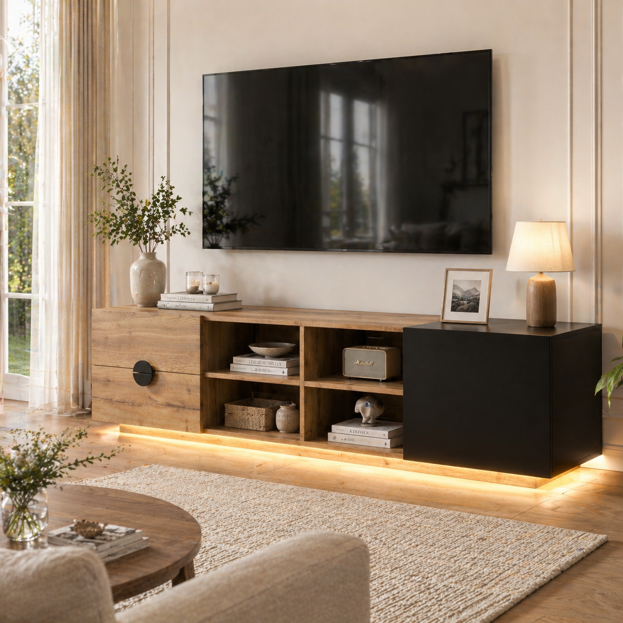 Gigab2b original image - Fernsehschrank in Holz-Schwarz-Kptrast – Mit Schublade, offenem Fach und geschlossenem Schrank. Stufenablagen für einfachen Zugriff. Perfekt für Wohnzimmer und Unterhaltungsbereich.