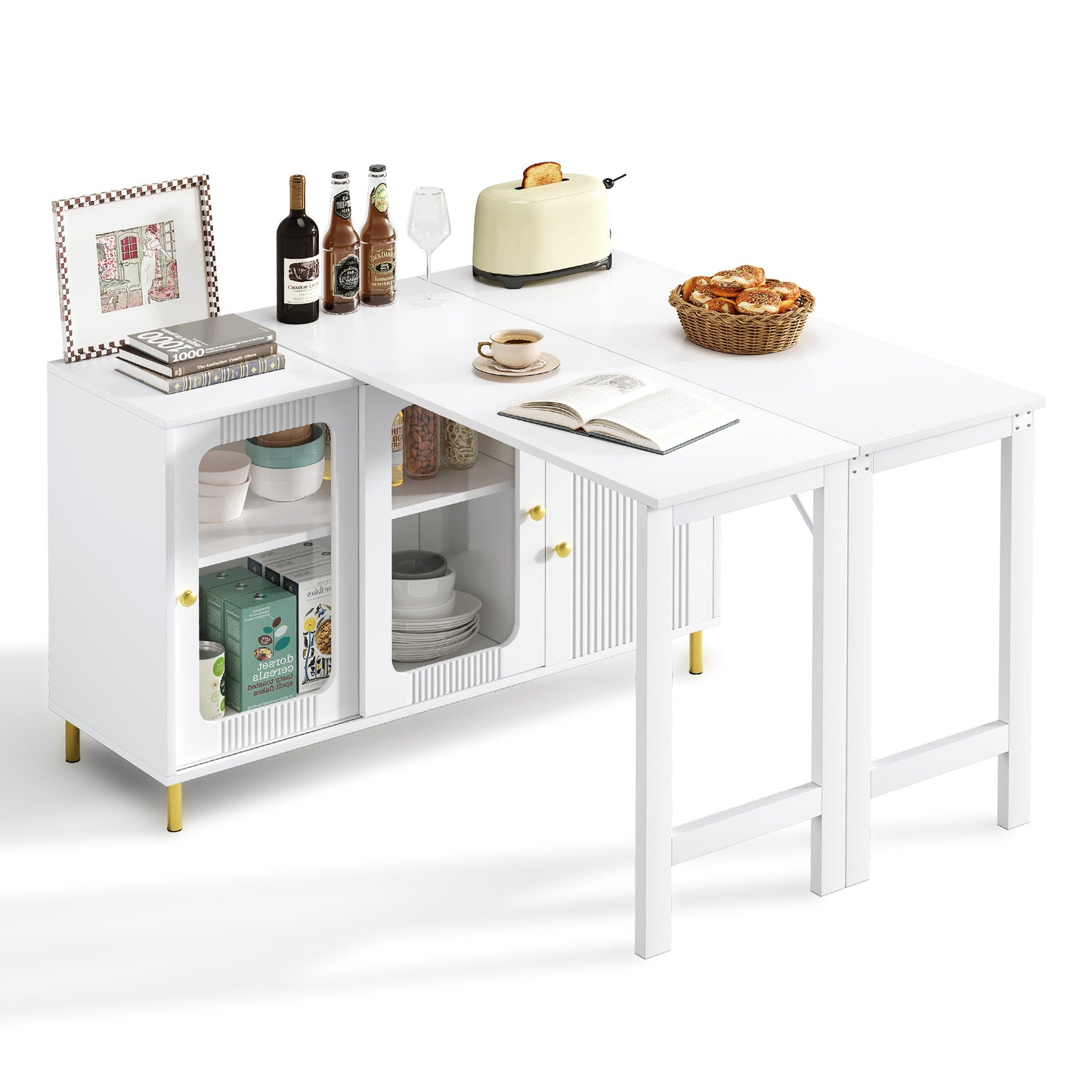 Gigab2b original image - Moderner weißer Buffet-Sideboard mit klappbarer und ausziehbarer Tischplatte, drehbarer Oberfläche, goldenen Metallbeinen, Glasschiebetüren und Wellenmuster – Perfekt für Esszimmer und Küche