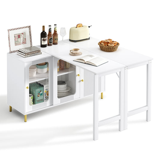 Gigab2b original image - Moderner weißer Buffet-Sideboard mit klappbarer und ausziehbarer Tischplatte, drehbarer Oberfläche, goldenen Metallbeinen, Glasschiebetüren und Wellenmuster – Perfekt für Esszimmer und Küche