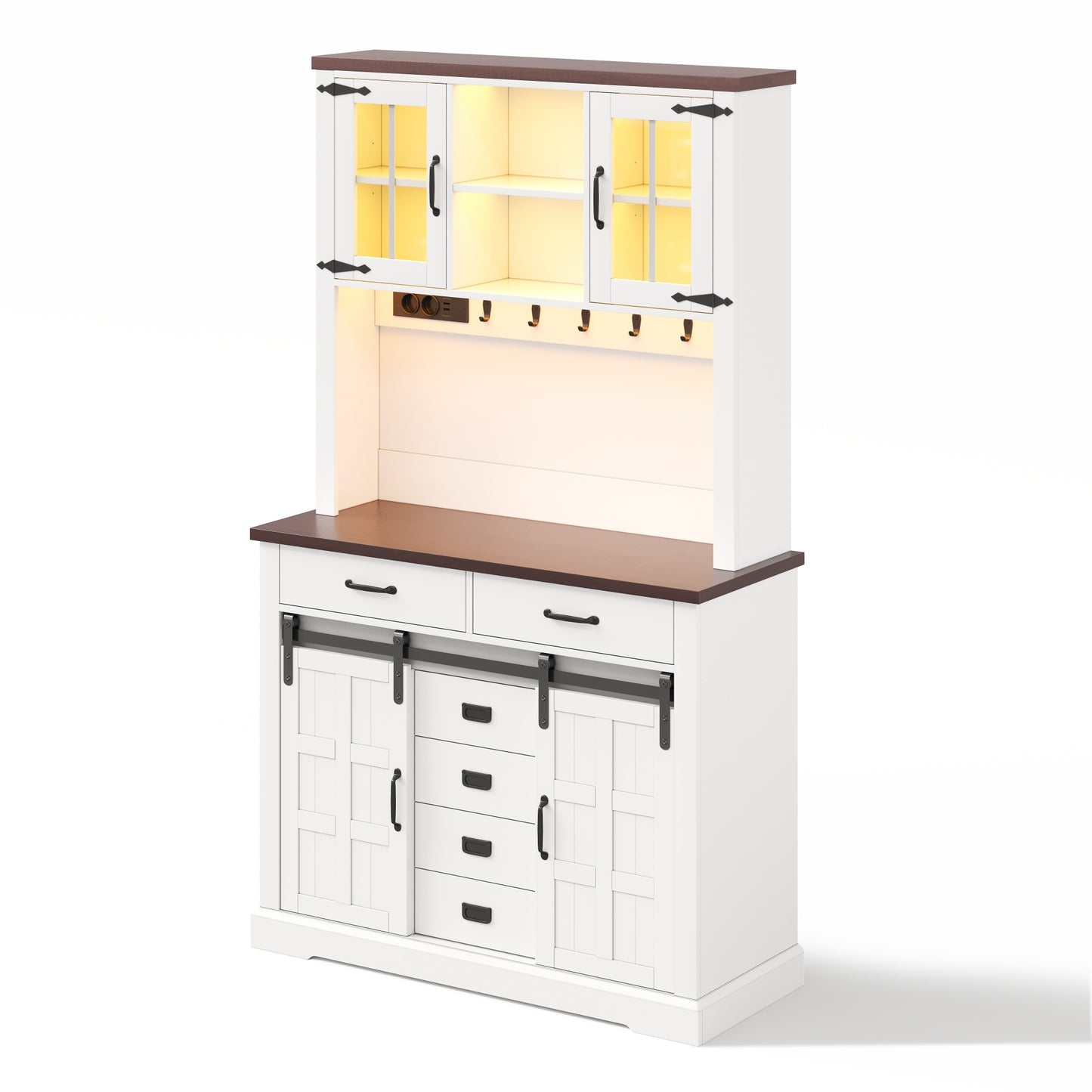 Küchenschrank, Buffetschrank, Sideboard mit Steckdose und LED-Beleuchtung, Küchenmöbel mit Arbeitsplatte, 6 Schubladen, verstellbare Einlegeböden, Haken, 180 × 108 × 40 cm, Weiß