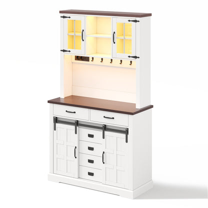 Küchenschrank, Buffetschrank, Sideboard mit Steckdose und LED-Beleuchtung, Küchenmöbel mit Arbeitsplatte, 6 Schubladen, verstellbare Einlegeböden, Haken, 180 × 108 × 40 cm, Weiß