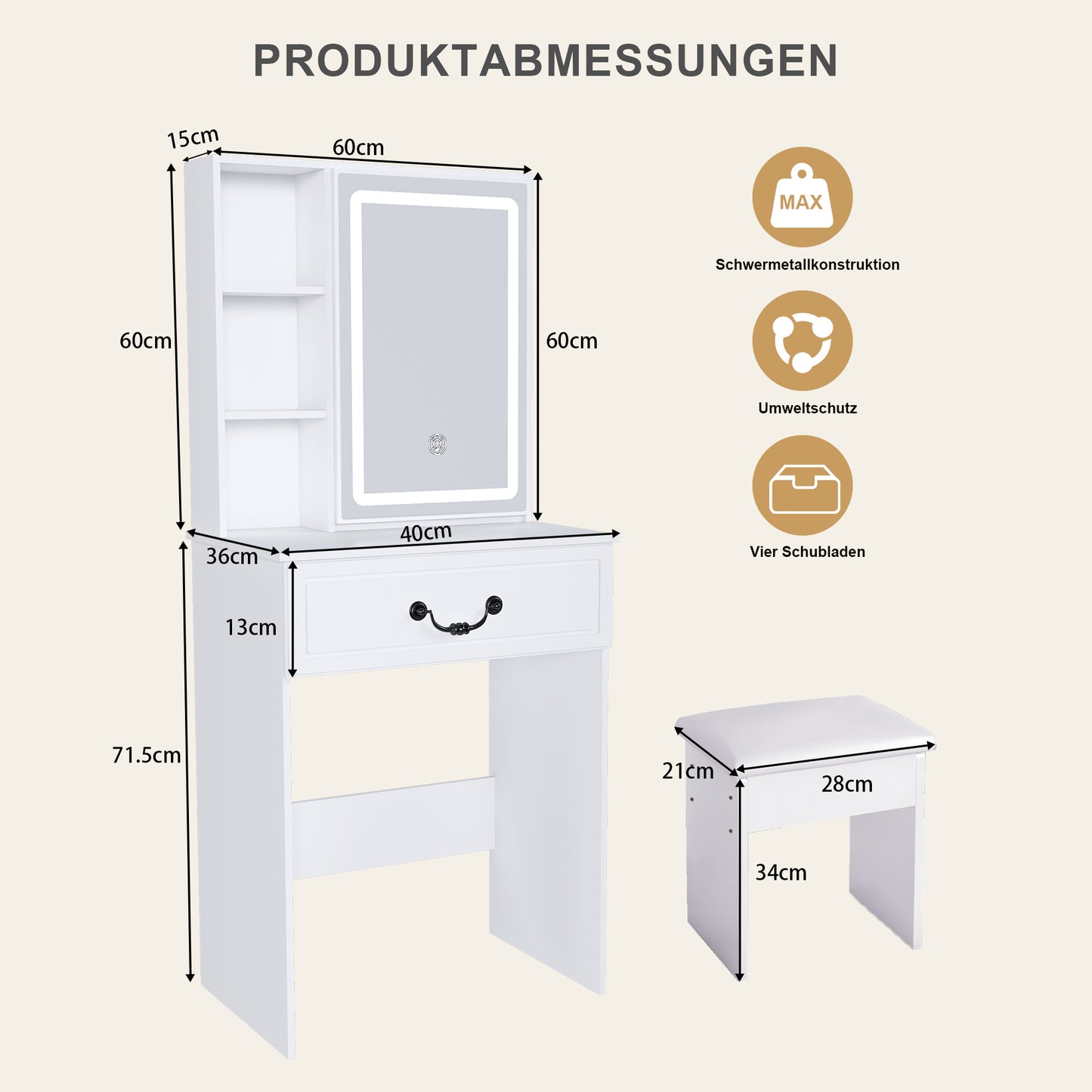 Modernes minimalistisches Schminktisch-Set mit dimmbarem LED-Spiegel – Kompakt mit verstecktem Stauraum, inkl. gepolsterter Hocker, Weiß, B60/H131.5/T36cm.