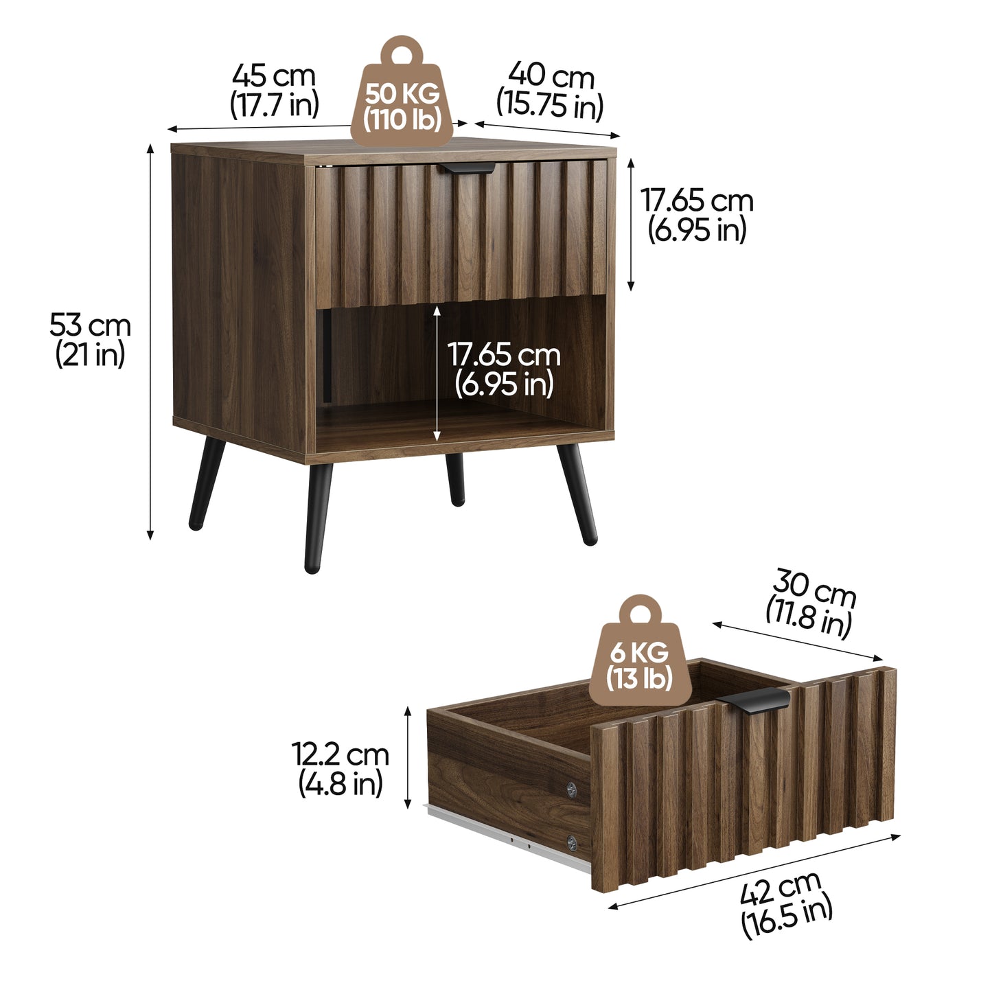Moderner Nachttisch mit integrierter Schublade. Geeignet für Schlafzimmer, Flur, Wohnzimmer und Kinderzimmer. Farbe: Walnuss. Maße: 45 x 40 x 53 cm. 1 Stück.