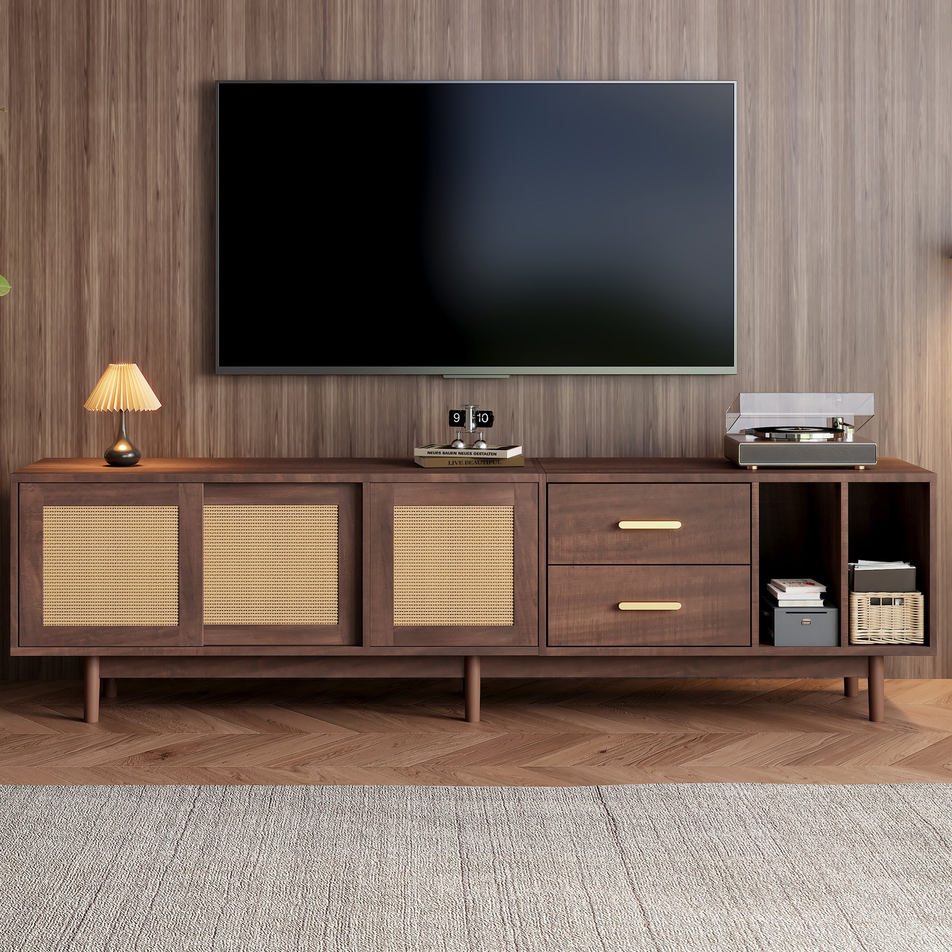 190 x 40 x 52 cm Lagerschrank, Lowboard-TV-Schrank mit Schubladen, TV-Ständer aus braunem Rattan-MDF-Material, Design mit 6 Stützbeinen, multifunktionaler Wohnzimmer-Lagerschrank,75-Zoll-Fernseher