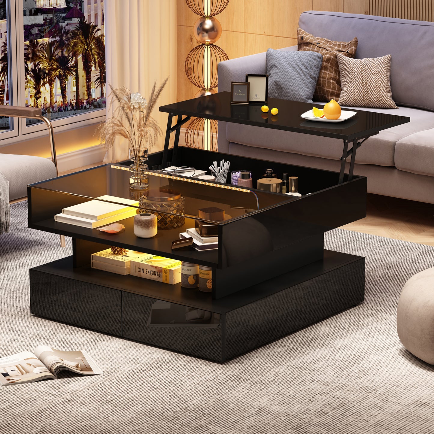 80*80*45cm Couchtisch Höhenverstellbarer Kaffeetisch mit Verstecktem Stauraum und 2 Schubladen,Sofatisch mit LED-Leuchten,Hochglanz-Wohnzimmer-Beistelltisch,Wohnzimmertisch aus gehärtetem Glas,Schwarz