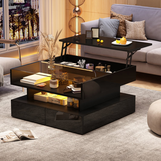 80*80*45cm Couchtisch Höhenverstellbarer Kaffeetisch mit Verstecktem Stauraum und 2 Schubladen,Sofatisch mit LED-Leuchten,Hochglanz-Wohnzimmer-Beistelltisch,Wohnzimmertisch aus gehärtetem Glas,Schwarz