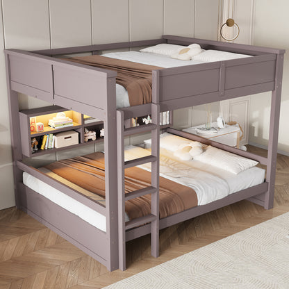 160x200 Etagenbett mit Stauraumschränken und LED-Licht, Braun