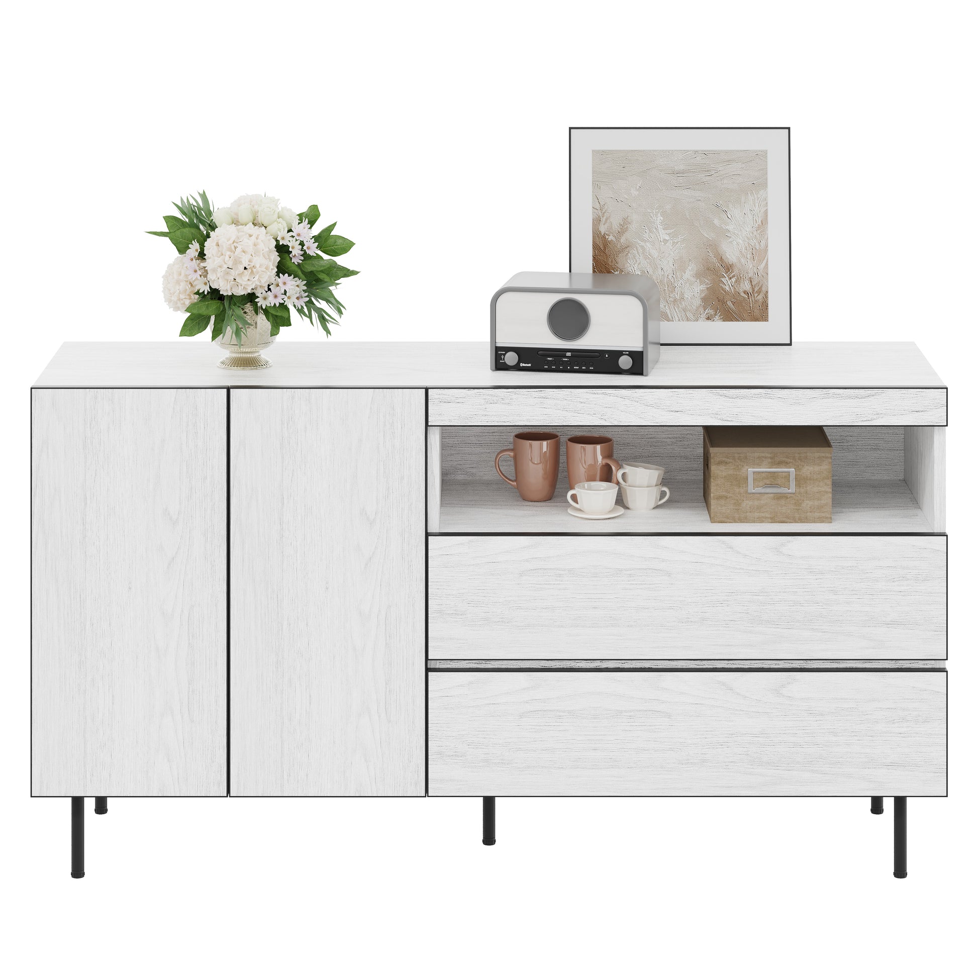Gigab2b original image - Modernes, minimalistisches Sideboard,Doppeltüren,Doppelschubladen,Offene Regale,Multifunktionaler Aufbewahrungsschrank für Wohn- und Esszimmer
