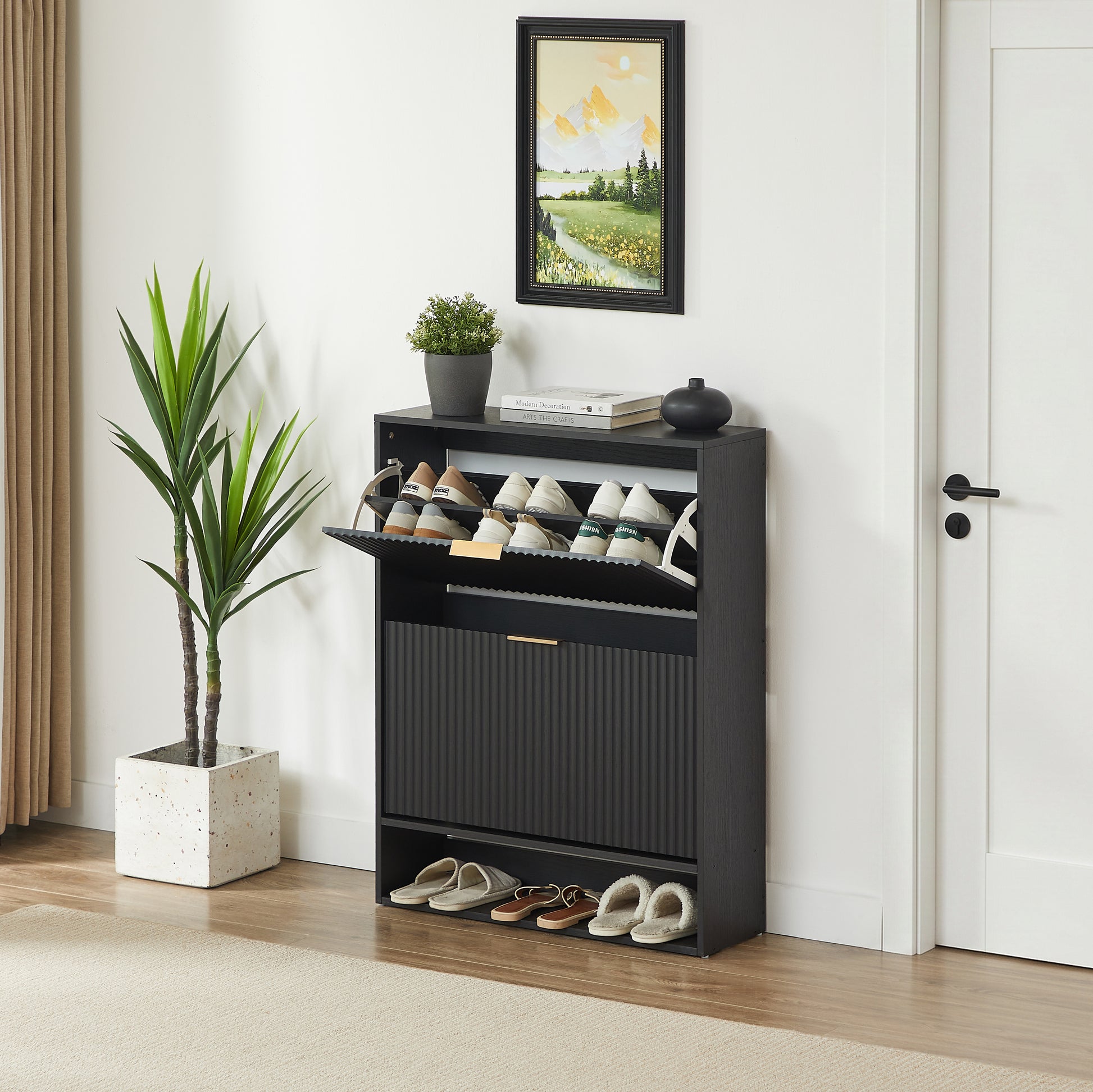 80 x 24 cm Schuhschrank mit Nutfront – Höhenverstellbar mit Kippschutz und Dekotisch für den Flur, in Schwarz