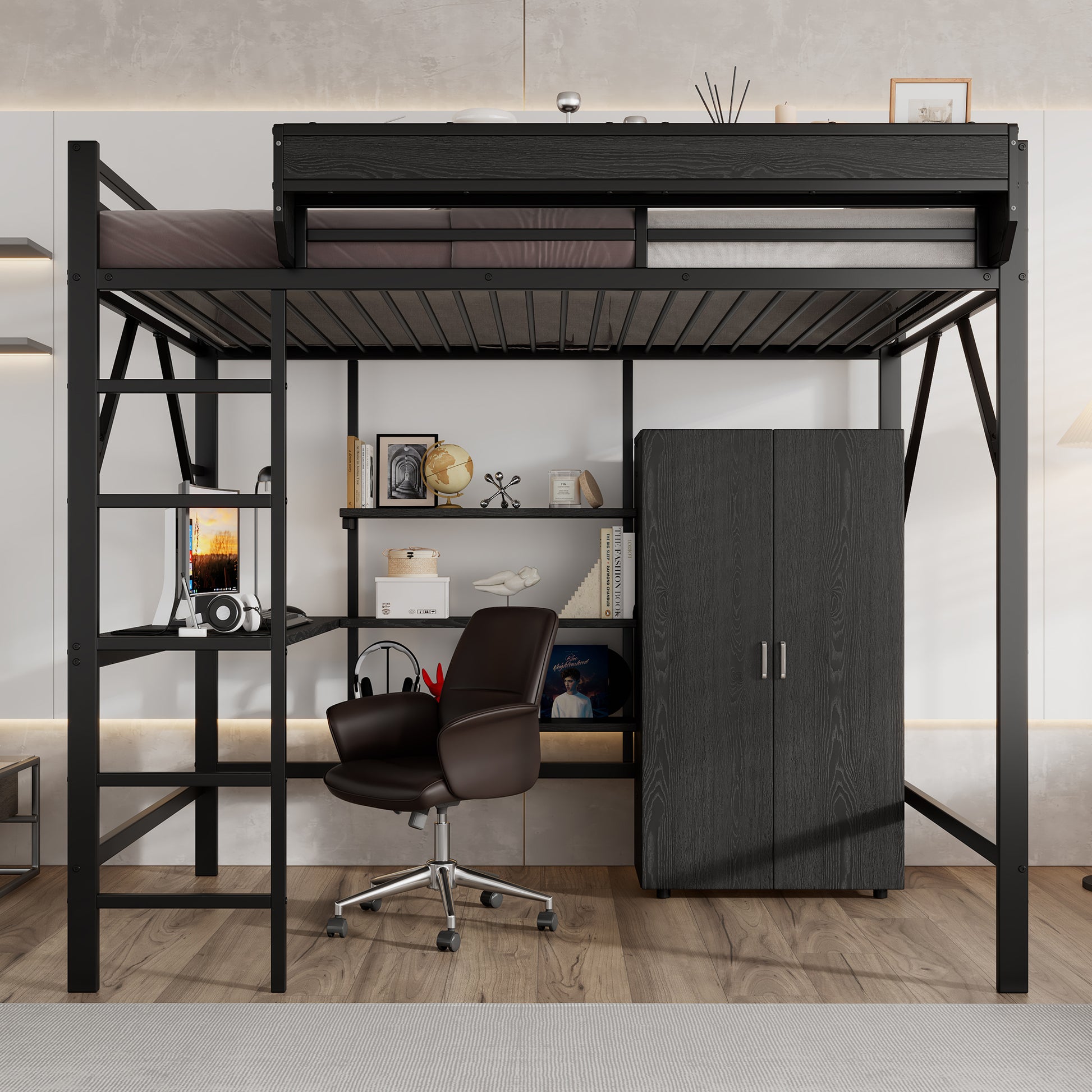 Gigab2b original image - Eisenbett, Hochbett, Doppelstöckiger Stauraum unter dem Schreibtisch, Oberes Bett mit Stauraum, Mit Kleiderschrank, Eisen + MDF , Schwarz, 140x200cm