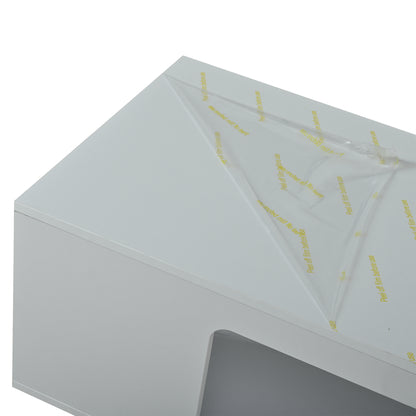 Wohnzimmer-Couchtisch 50*100*35cm, durchbrochener Teetisch, großer Hochglanz-kaffeetisch mit Ablageflächen aus gehärtetem Glas auf beiden Seiten, Beistelltisch mit LED-Lichtleiste, weiß, Spanplatte.
