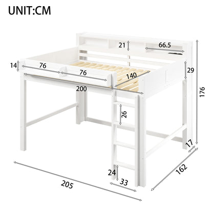 140x200 cm großes Hochbett aus Holz mit Ablagefächern, LED-Beleuchtung und USB-Anschluss, Weiß