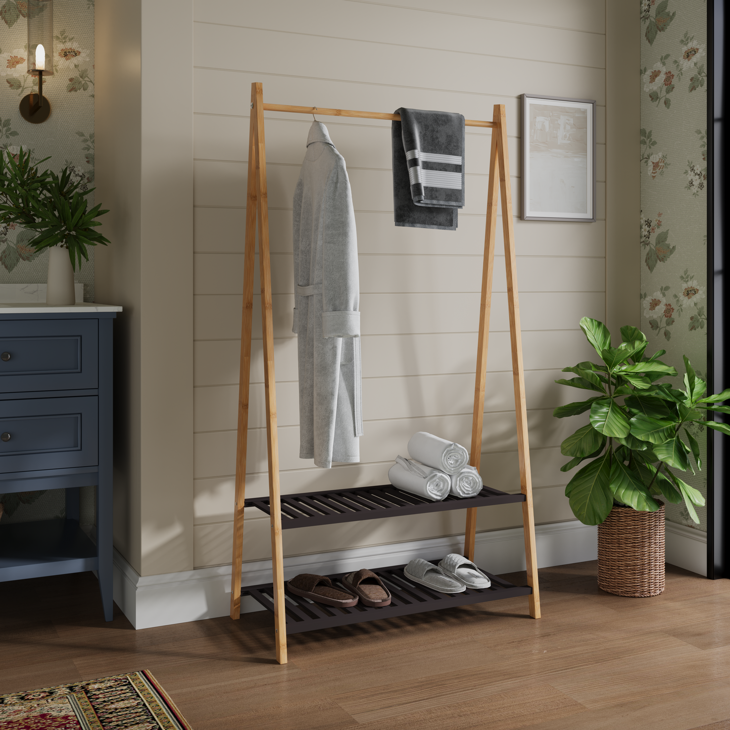 Gigab2b original image - Kleiderständer mit 2 Ablagen,Garderobenständer mit stabiler Kleiderstange, Garderobe mit Schuhregal, für Flur, Schlafzimmer, offener Kleiderschrank.Bamboo Coat Stand,Clothes Airer with Clothes Rail