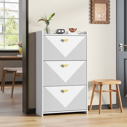 70*30*120cm Schuhschrank mit 3 unteren Klapptüren,Flur-Schuhschrank mit 6 Schuhablagefächern,,Sideboard, Wohnzimmerschrank,MDF,Weiß,Vakuumformdesign, verstellbare Gehäusebreite