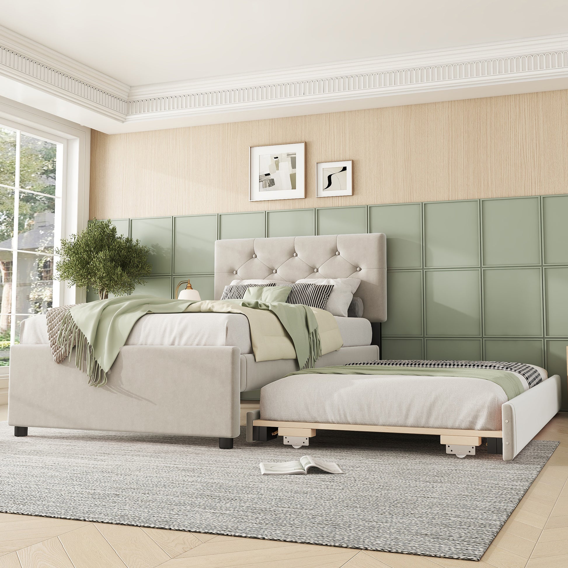 Gigab2b original image - Polsterbett, 90x200cm, Bett mit Lattenrost (ohne Matratze), Bett mit Rollcontainer, Samt, Minimalistisch, Beige