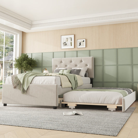 Gigab2b original image - Polsterbett, 90x200cm, Bett mit Lattenrost (ohne Matratze), Bett mit Rollcontainer, Samt, Minimalistisch, Beige