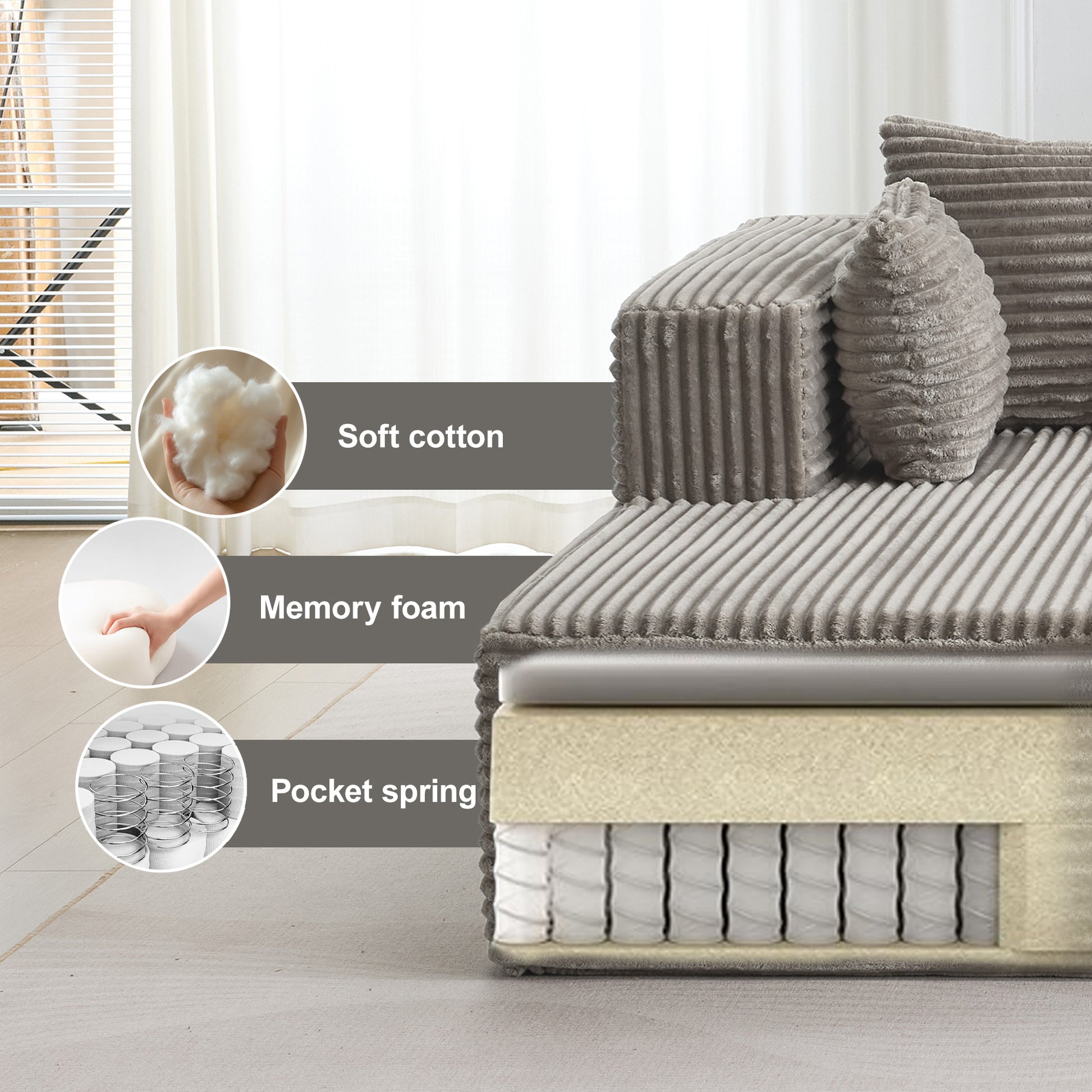Compression Sectional Couch with Comfy Chaise, Boneless L Shape Sofa with Deep Seat, Minimalist Modular Couches Sleeper for Living Room Bedroom Apartment Lounge,corduroy,Grey