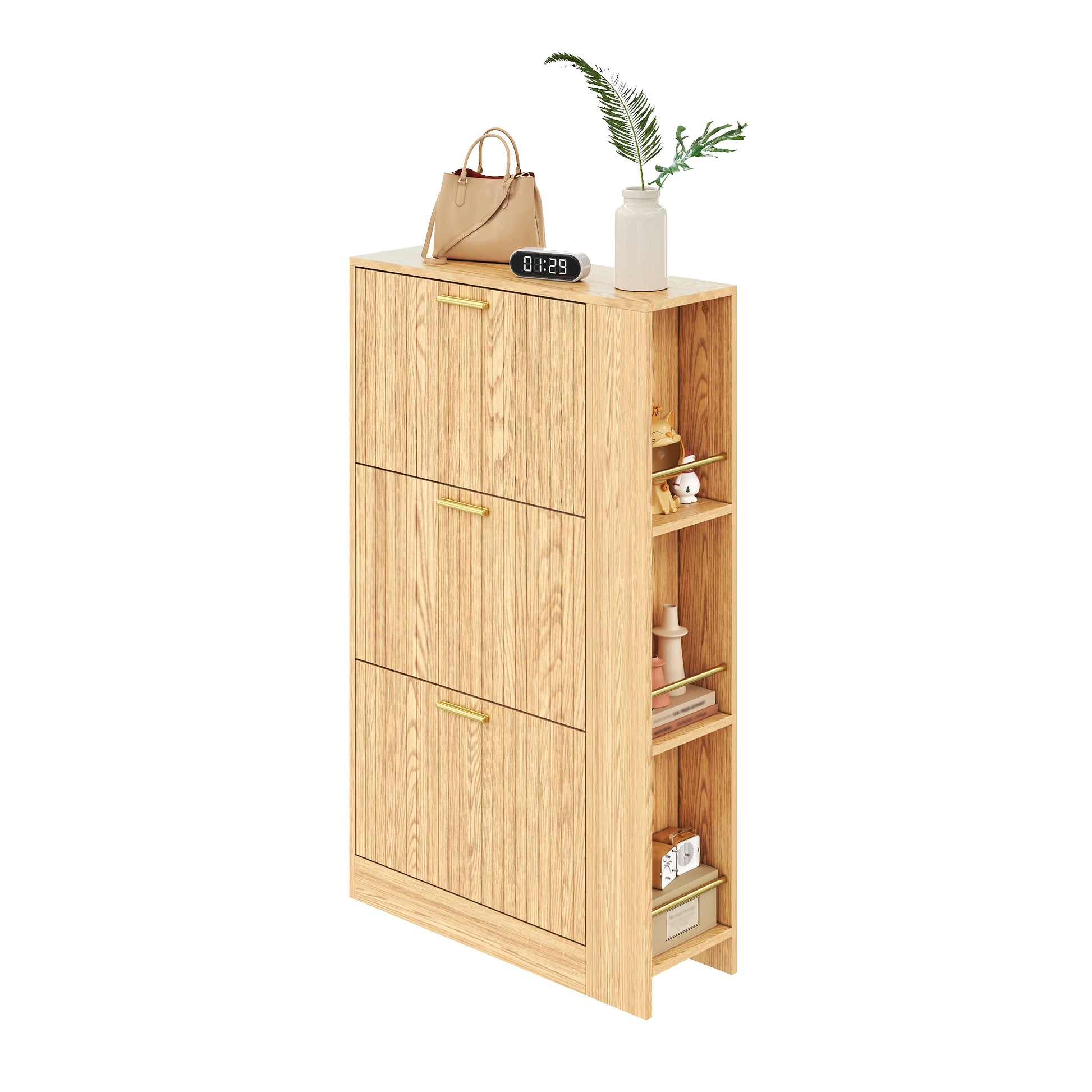 Gigab2b original image - Moderner minimalistischer Schuhschrank aus Holz, dreitüriges Design, großes Fassungsvermögen, offene Regalfächer, stilvoll und praktisch, geeignet für die Aufstellung im Eingangsbereich/Foyer.