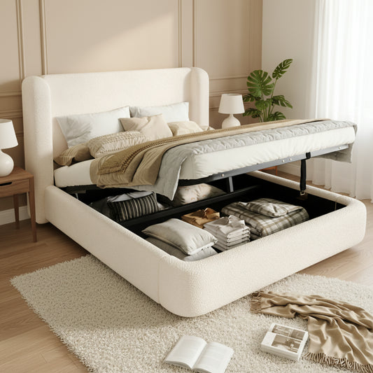 Gigab2b original image - Polsterbett,Doppelbett,hydraulisches Funktionsbett,Bett mit Lattenrost, Kopfteil und  großem Stauraum, gepolstertes Kopfteil, Beige Bouclé, 180 x 200