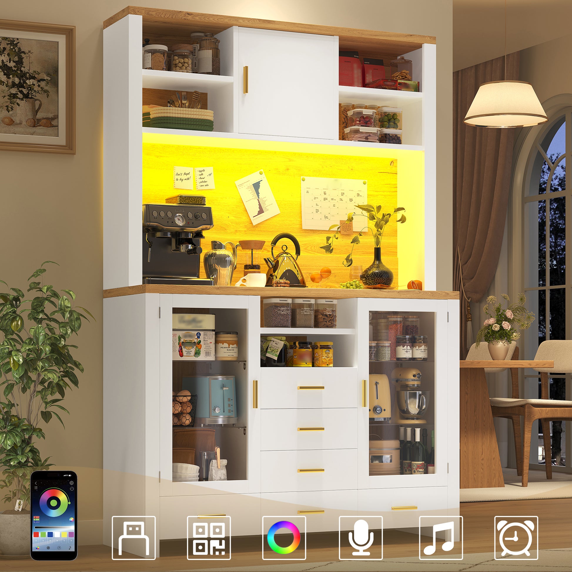 Gigab2b original image - Seitenboard / Aufbewahrungsschrank / Multifunktions-Küchenschrank / Buffetschrank, 120x40x188cm, Landhausstil, 4 Türen, mit LED-Lichtleiste, 6 Schubladen & 3 Türen, Weiß mit Holzoptik