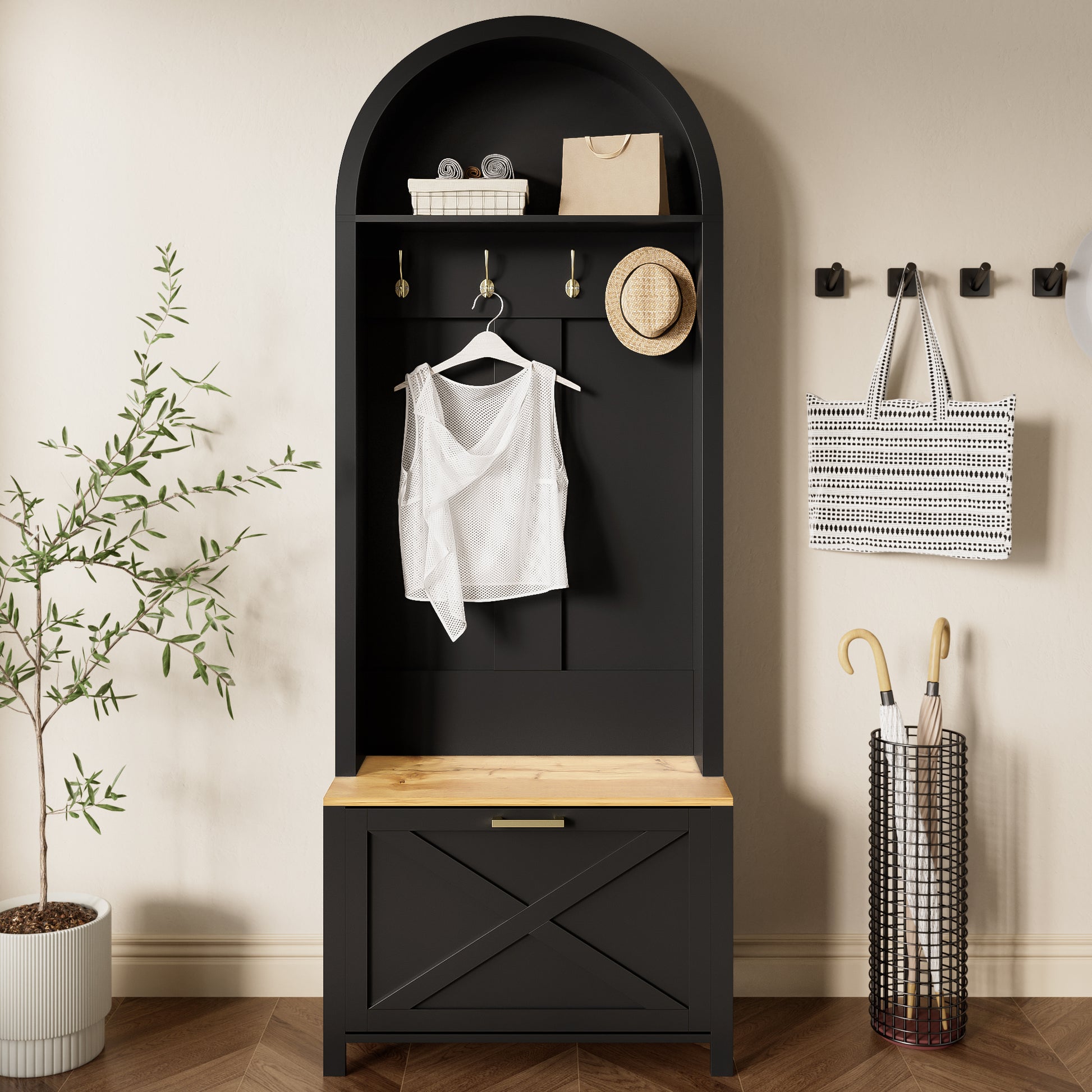 Gigab2b original image - Multifunktionaler Garderobenschrank mit Schuhregal, Ablage & Haken – Hall Tree für Eingangsbereich, langlebiger MDF Korpus, modernes Design, stabile Eisenfüße, praktische Aufbewahrung