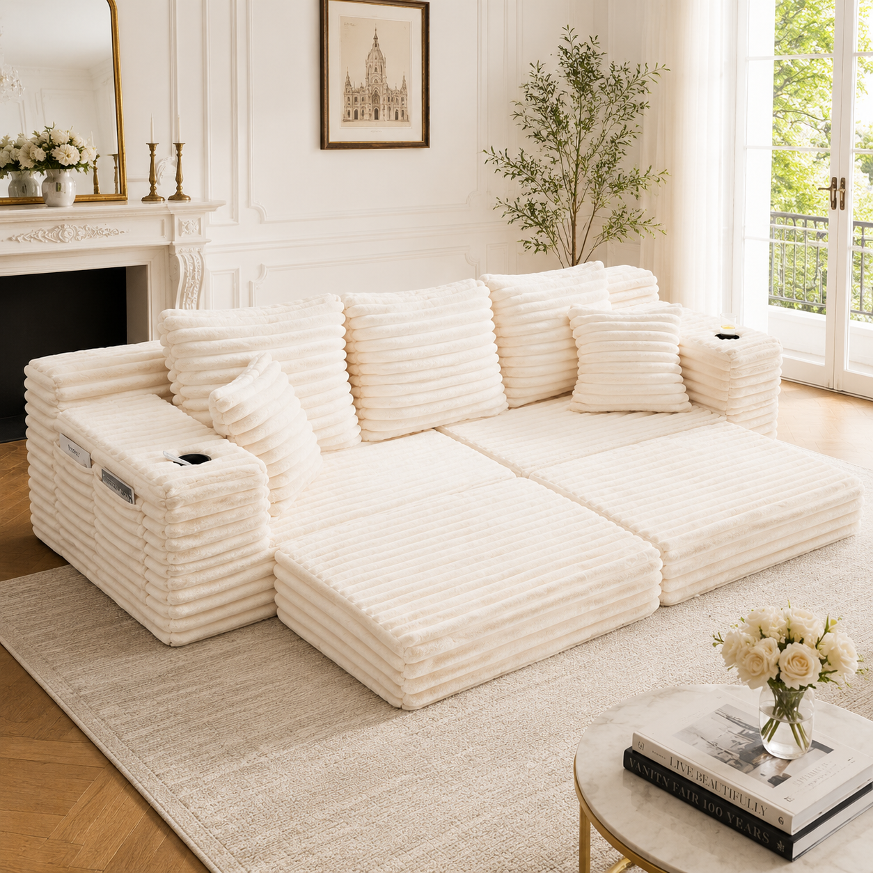 Cordstoff-Kompressionssofa mit hoher Rückenlehne und Zusatzkissen, beidseitigen Taschen und Getränkehaltern, frei kombinierbar als Schlafsofa, weiche Polsterung für maximalen Komfort, Beige