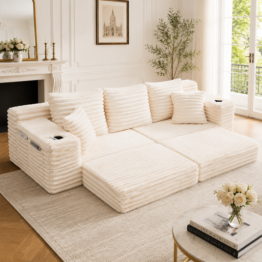 Cordstoff-Kompressionssofa mit hoher Rückenlehne und Zusatzkissen, beidseitigen Taschen und Getränkehaltern, frei kombinierbar als Schlafsofa, weiche Polsterung für maximalen Komfort, Beige