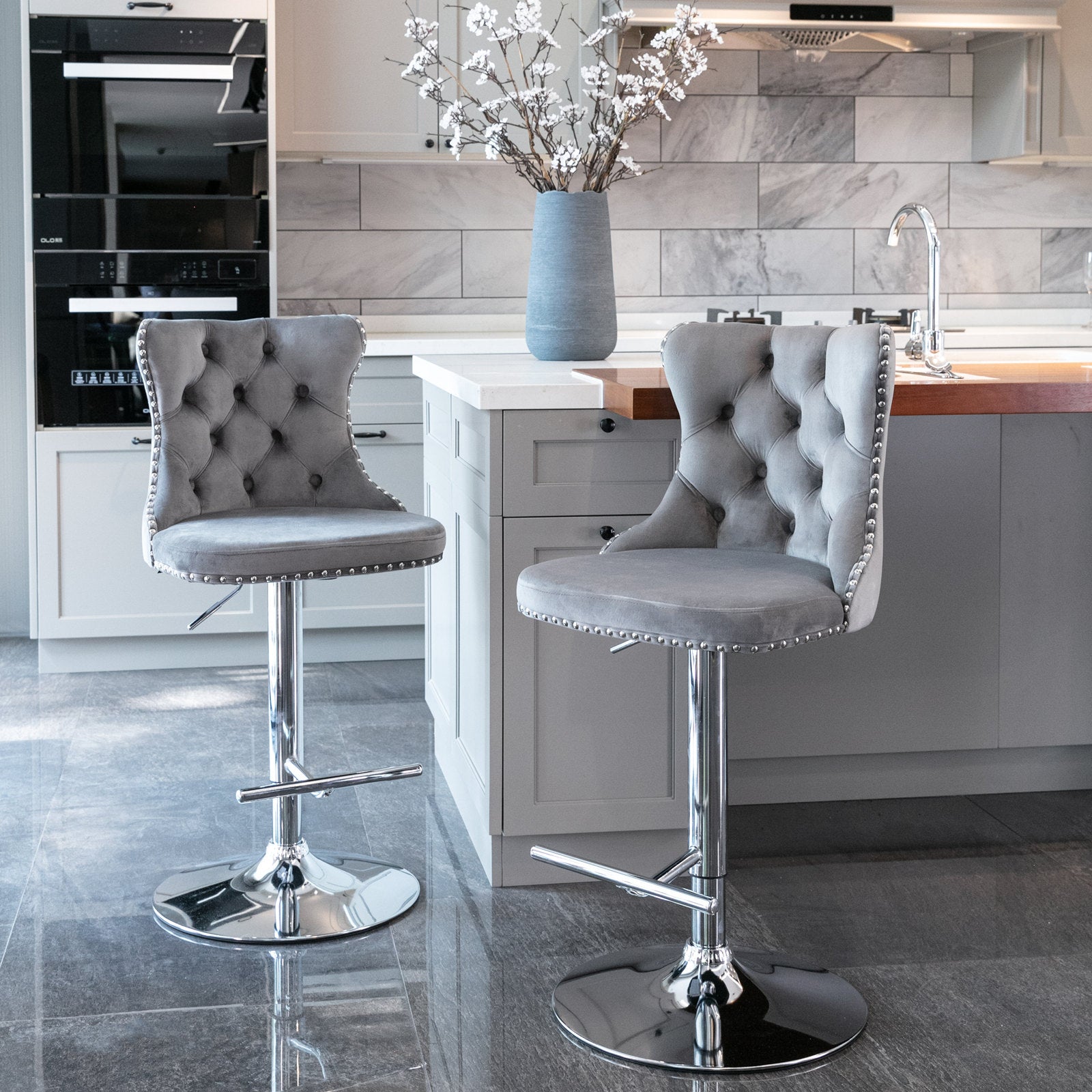Gigab2b original image - Swivel Velvet Barstools Adjustable Seat Height from 25-33 Inch, Chrome base Bar Stools with Backs Comfortable Tufted for Home Pub and Kitchen Island, Set of 2,DE1712GY,Gray