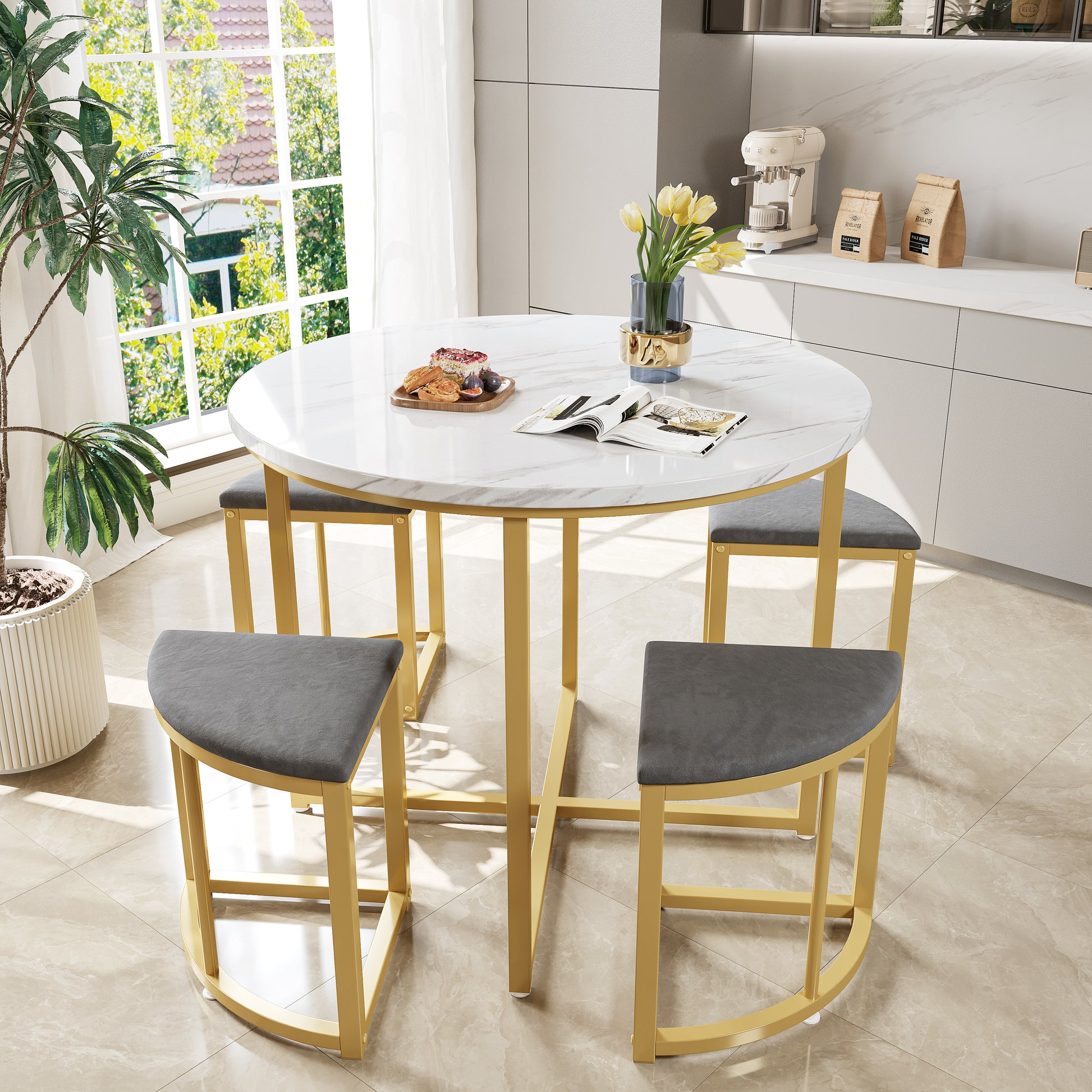 Gigab2b original image - Esszimmertisch-Set mit vier Stühlen,Essgruppe mit MDF-Tischplatte und vergoldeten Eisenrahmen,Samtstuhl,Moderne Luxustische und-stühle,grau