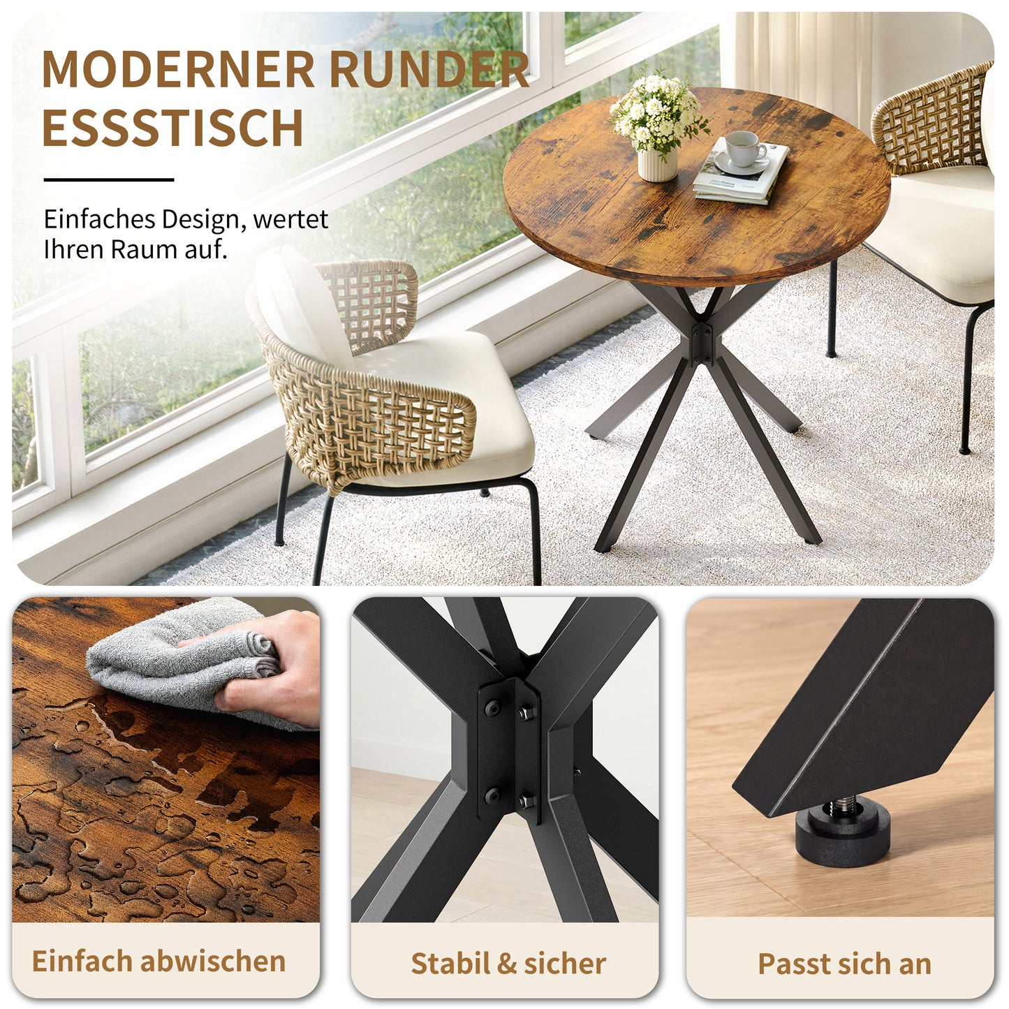 Runder Esstisch Industrialstil Ø80 cm mit X-Füßen Vintagebraun-Schwarz Küchentisch Homeoffice