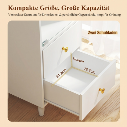 Vitrine mit LED-Beleuchtung, modernes Bücherregal mit Glastüren und 2 Schubladen, Vitrine für Sammlerstücke, moderner Stil mit goldenen Griffen, weiß–H165/B40/T35cm