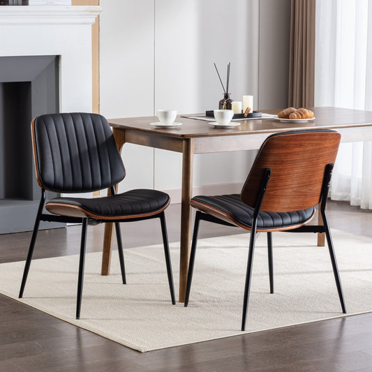 Dining Chairs Set of 2 Mid Century Modern Retro Faux Leather Chair with Walnut Bentwood Back Upholstered Seat Metal Legs Adjustable Foot for Kitchen Dining Room Chairs(Black PU) ,DE1849BK