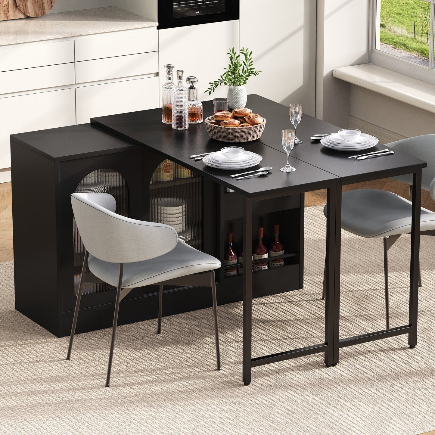 Gigab2b original image - Moderner Bartisch, Ausziehbar 360° Drehbare Bartisch Mit Stauraum, Reversibel Tisch Sideboard Bar Mit Glasschranktür, Bar Tisch Für Küche Kaffeebar Möbel, Schwarz