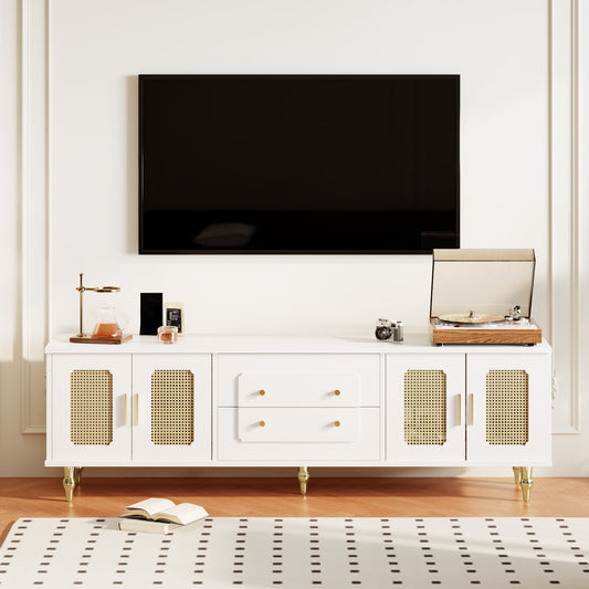 Gigab2b original image - Lowboard, TV-Möbel im Retro-Stil: goldene Griffe, viel Stauraum. Mit Rattantür und Metallbeinen