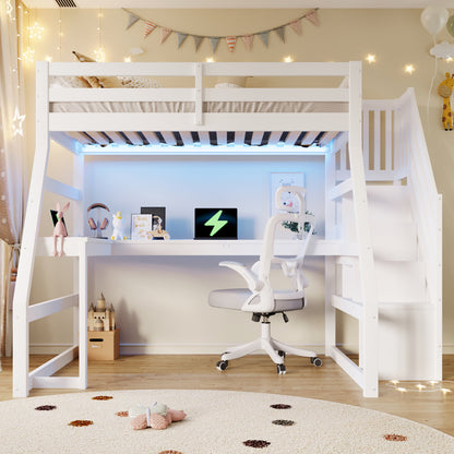 90x200 großes Hochbett aus Holz mit Schreibtisch, LED-Beleuchtung, USB-Anschluss und Treppe mit Stauraum, Weiß
