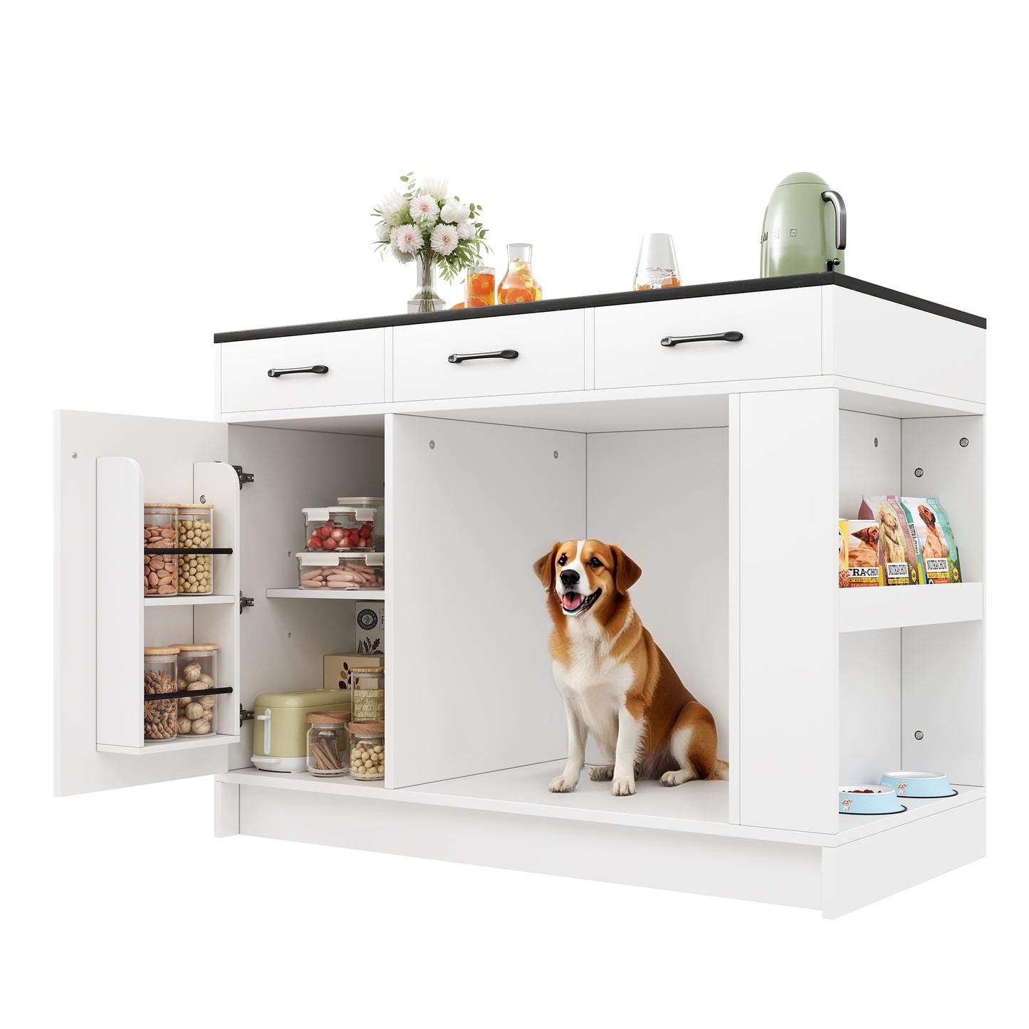 Kücheninsel, Schrank mit 3 Schubladen, 1 Gewürzablage, verstellbare Regalplatte, Doppelablage (ohne Hundefutterteller), geräumiger Haustieraufbewahrungsbereich (ohne Hundekissen), 120*60*90 cm, weiß