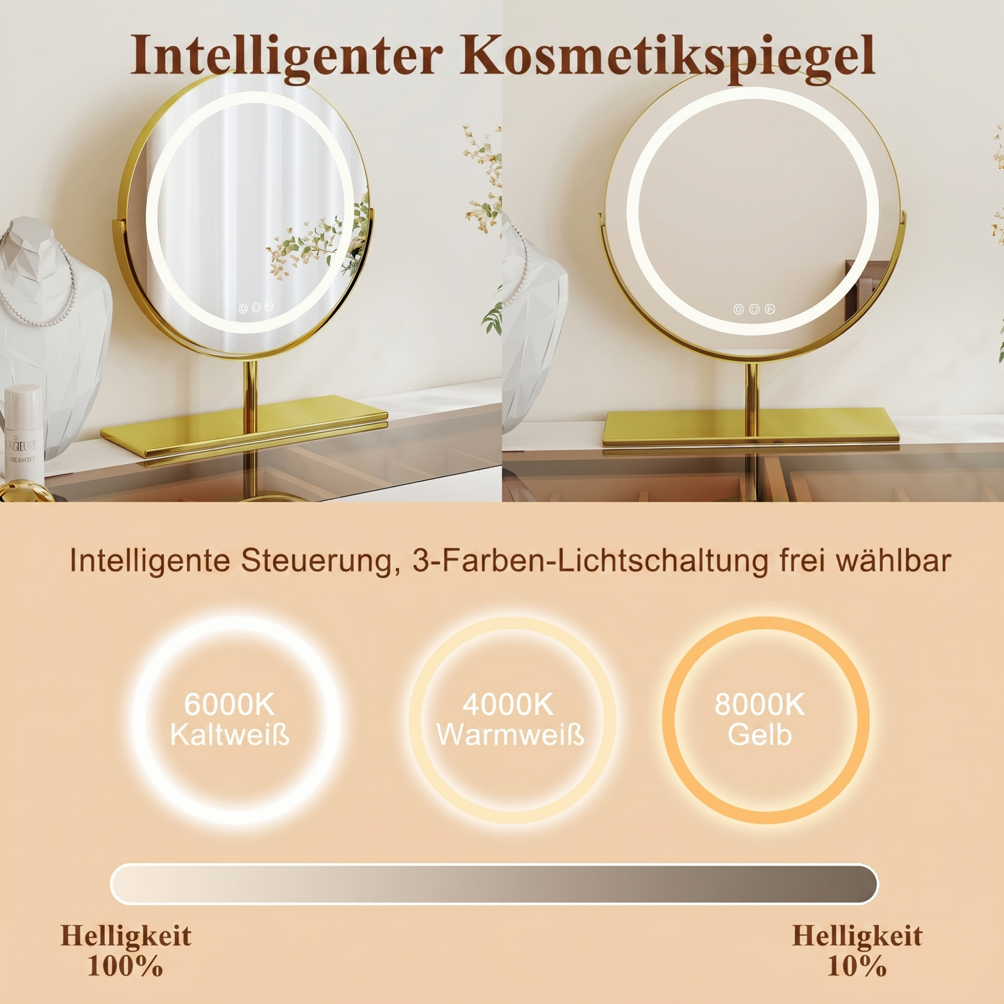 Moderner Schminktisch mit Glasplatte, Ausziehbarer Frisiertisch mit LED beleuchtetem Spiegel & Riffeloptik, Weiß,H75/B90-160/T40cm