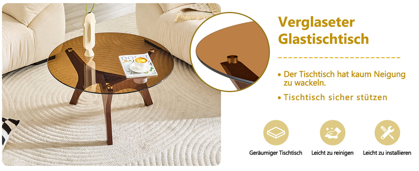 Runder Couchtisch mit Bernstein-Glasplatte, Moderner Wohnzimmertisch mit braunem Holzrahmen, Stabiler Kaffeetisch 80cm, Hitze- & Kratzfest, für Wohnzimmer, Büro & Lounge