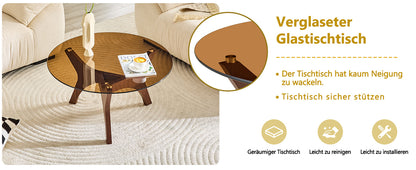 Runder Couchtisch mit Bernstein-Glasplatte, Moderner Wohnzimmertisch mit braunem Holzrahmen, Stabiler Kaffeetisch 80cm, Hitze- & Kratzfest, für Wohnzimmer, Büro & Lounge