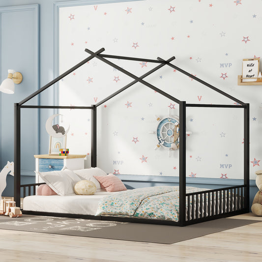140*200cm Flachbett, Eisenrahmenbett, Kinderbett, Hausleiste, Schwarz