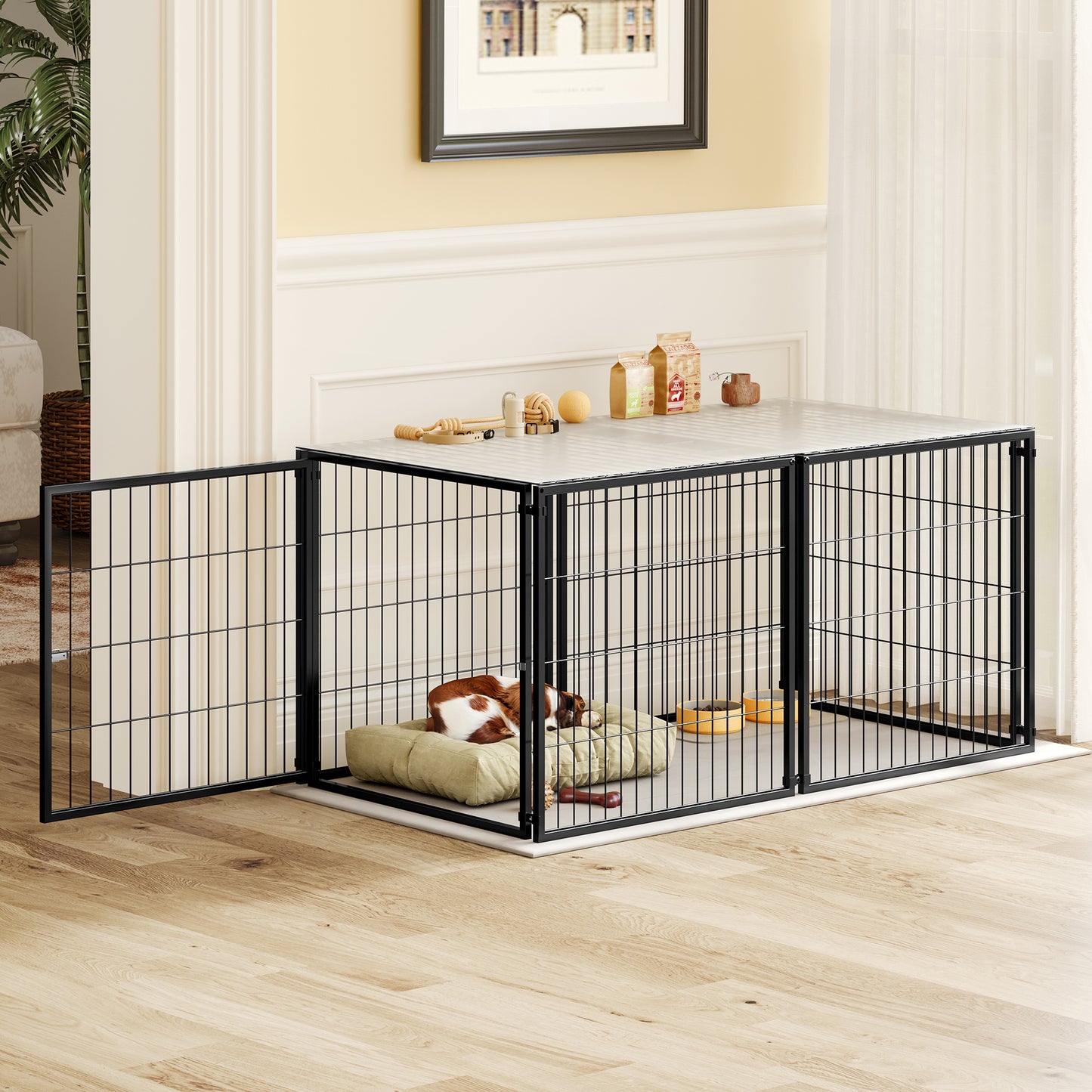 Basics Modulare Hundebox 120x60x60 cm, Flexibler Hunde-Käfig mit Sicherheitsdeckel & Verstellbarer Tür, Aus Stahl mit Rostschutz, inkl. PVC-Auflage, Schwarz