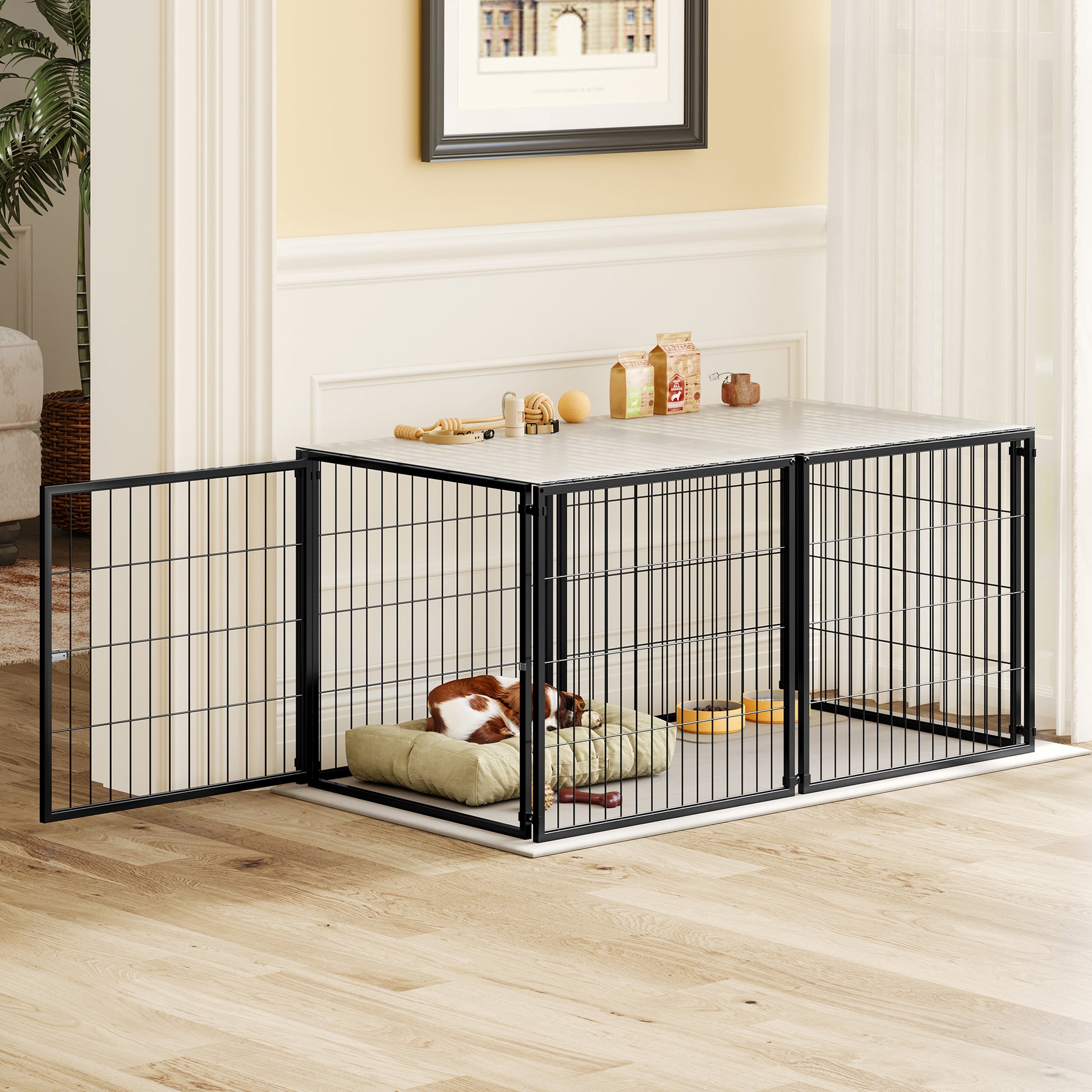 Basics Modulare Hundebox 120x60x60 cm, Flexibler Hunde-Käfig mit Sicherheitsdeckel & Verstellbarer Tür, Aus Stahl mit Rostschutz, inkl. PVC-Auflage, Schwarz