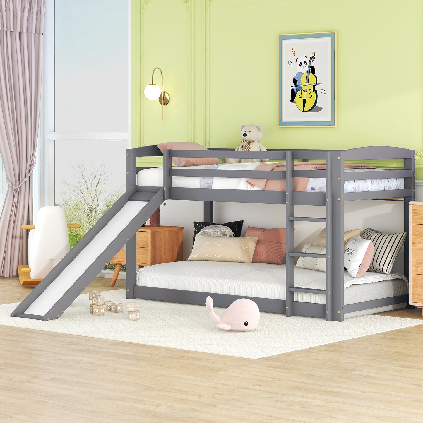 (=WX000303AAE-1)  Etagenbett für Kinder und Jugendliche, Kinderbett mit Rutsche, Massivholzrahmen, einfache Montage, 90x200cm, Grau